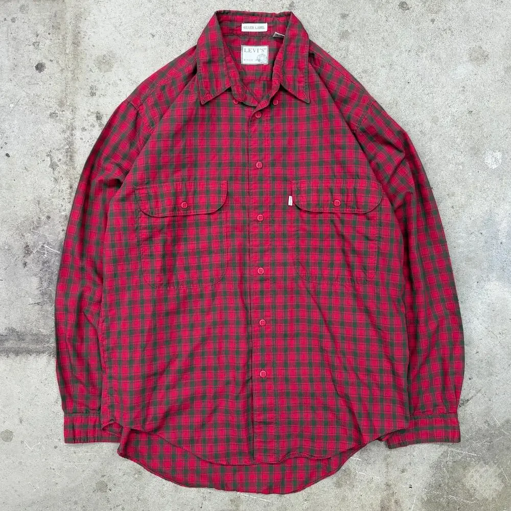 Vintage Levi’s Silver Label Tab Plaid Button Up Shirt Medium Red Gray M Utility
